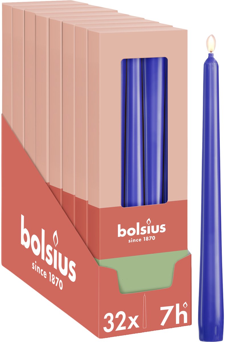 Bolsius Glanzende dinerkaarsen - 32 stuks - Blauw - 24,5 cm - 7 branduren Glanzend blauw