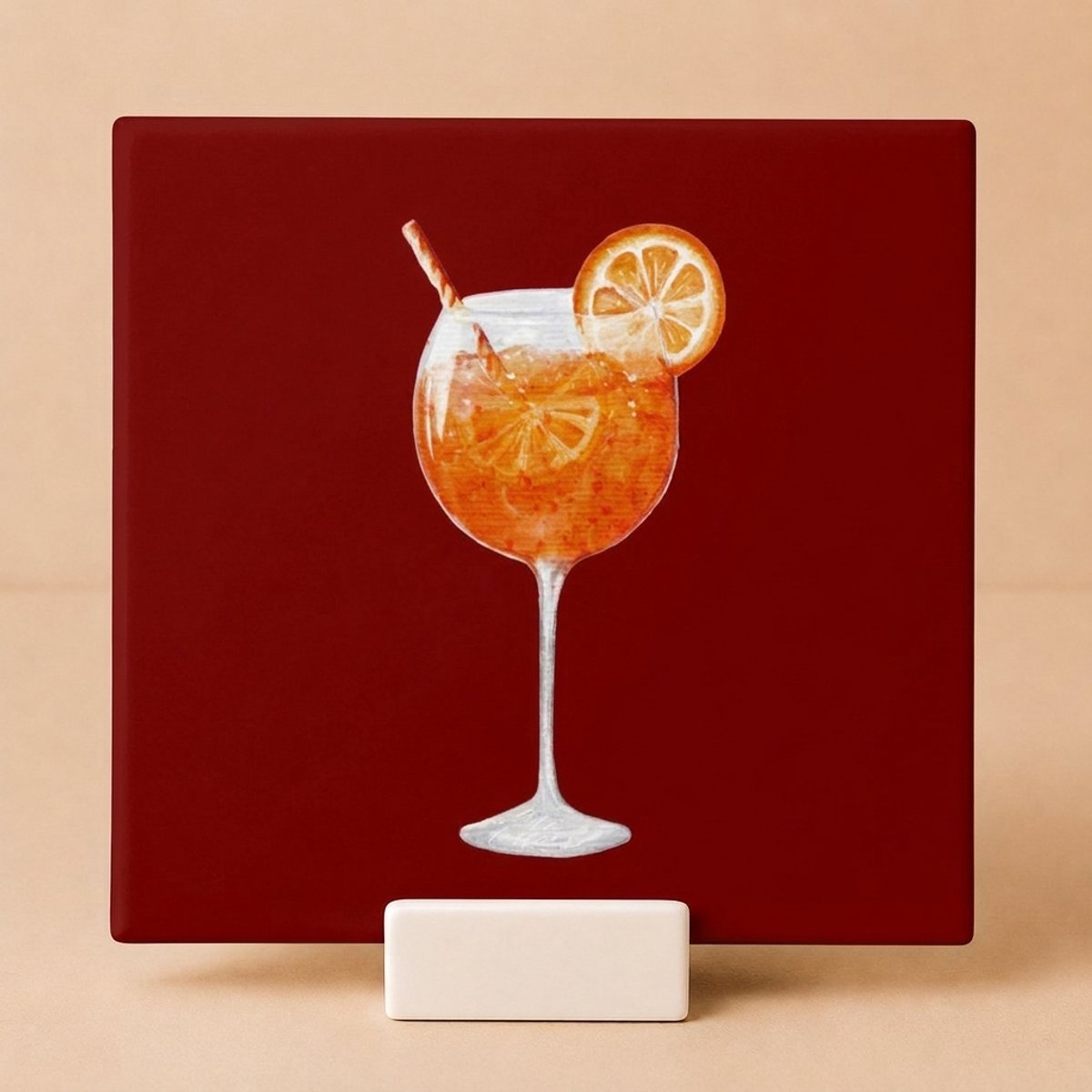 Tegeltje Aperol Spritz Cocktail Illustratie Bordeauxrood – Keramisch Tegeltje 11x11 cm met Houdertje – Bar Decoratie