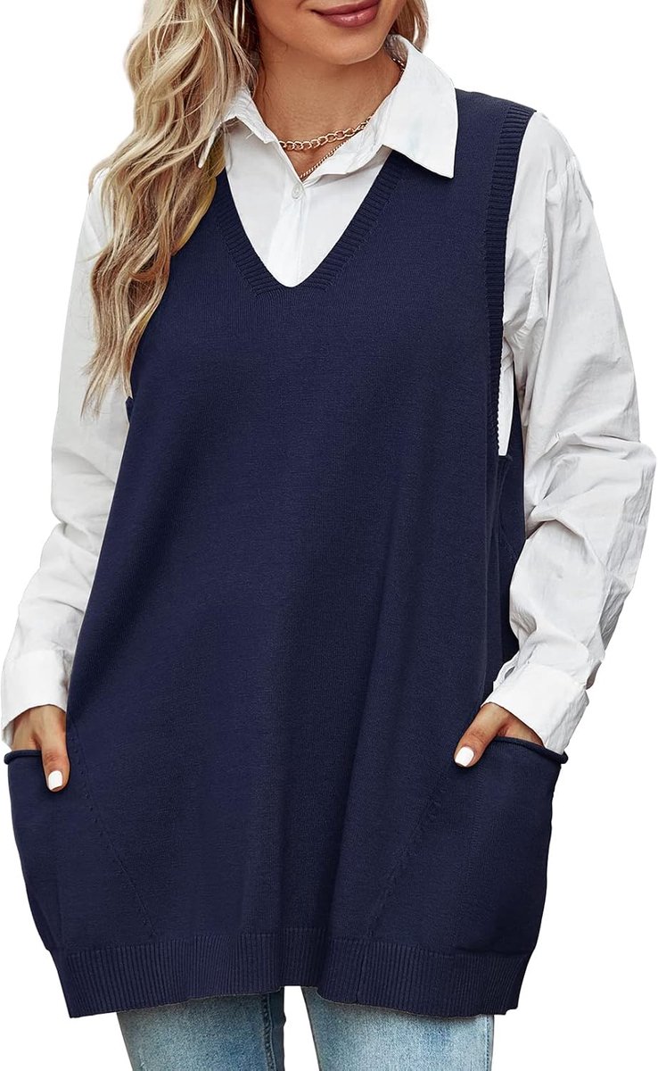 Damestrui oversized, V-hals, gebreid vest, pullover, mouwloos, lang, gebreid vest, vrije tijd, sweater, vest, herfst, winter