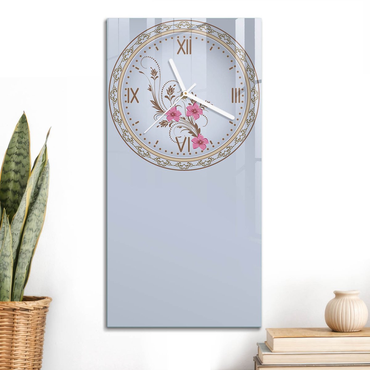 ArtPrintCave Bruin Glazen Klok - 30x60 cm - Rechthoekige Wandklok - Bloemenklok Stille Wandklok - Bloemen En Planten Wandklok Keuken - Witte Klokwijzers