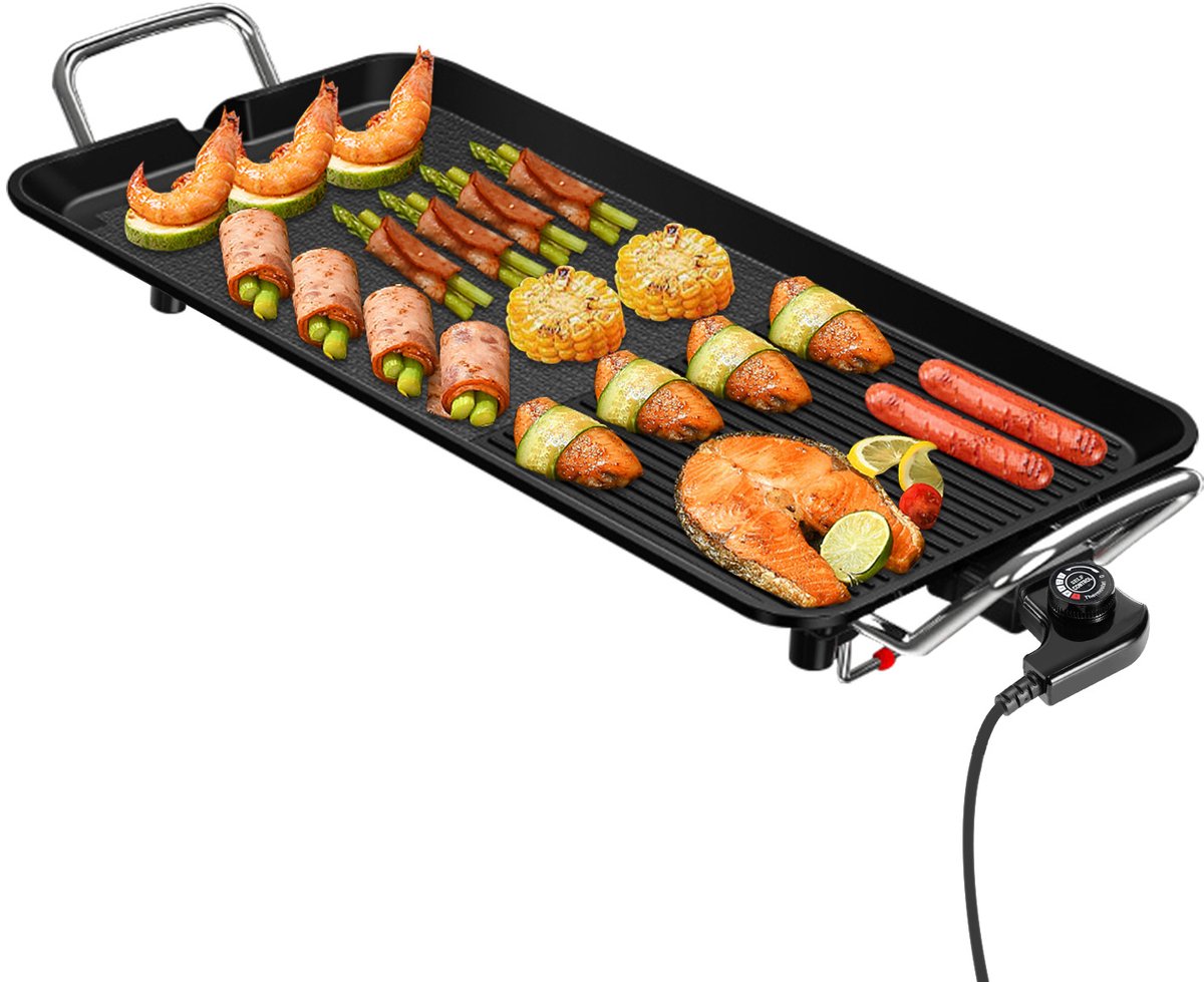 Elektrische Grillplaat 1350W-Antiaanbaklaag-Gemengd Bakoppervlak- Verstelbare thermostaat-48×28 cm