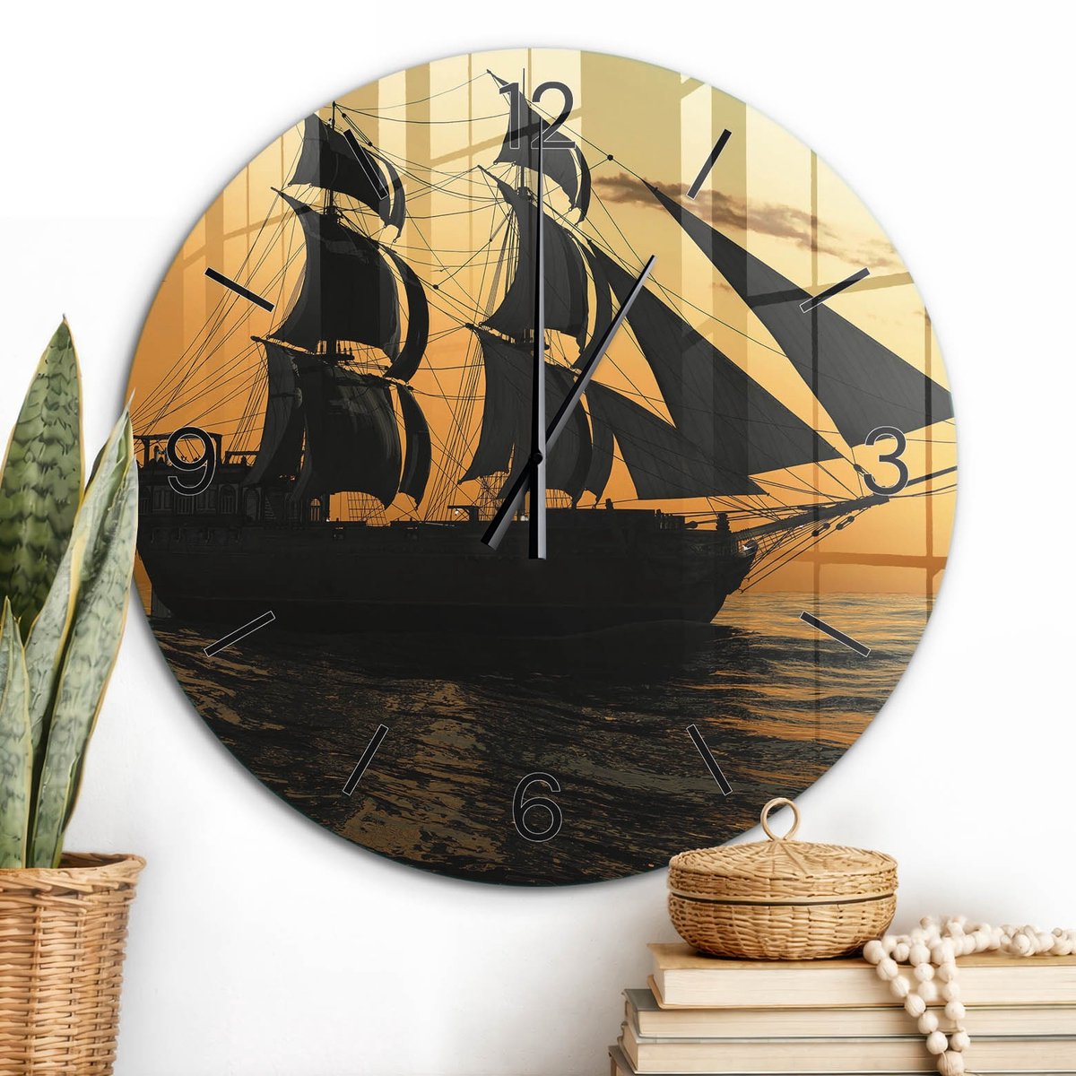 ArtPrintCave Oranje Glazen Klok - Wandklok 60 cm - Muurklok Rond - Zeilschip In De Avond Stille Wandklok - Natuur Wandklok Keuken - Zwarte Klokwijzers