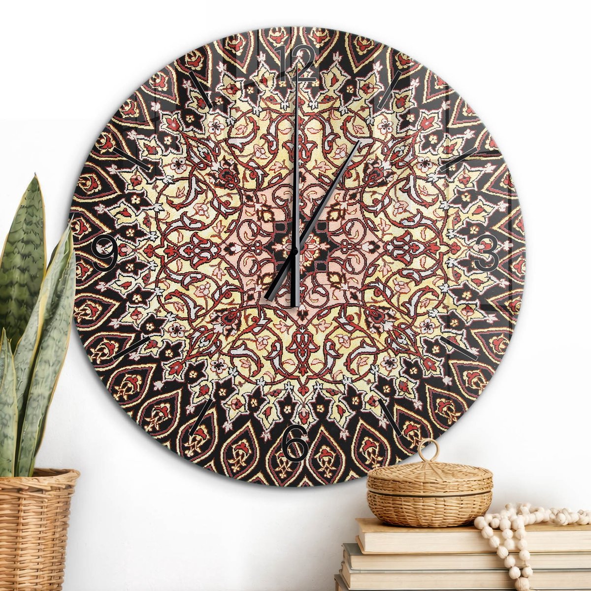 ArtPrintCave Zwart Glazen Klok - Wandklok 60 cm - Muurklok Rond - Oosterse Symmetrie Stille Wandklok - Kunst Wandklok Keuken - Zwarte Klokwijzers