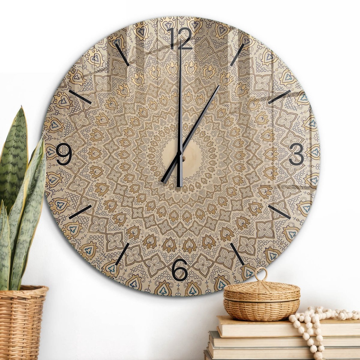 ArtPrintCave Beige Glazen Klok - Wandklok 60 cm - Muurklok Rond - Etnische Mandala Stille Wandklok - Abstractie Wandklok Keuken - Zwarte Klokwijzers