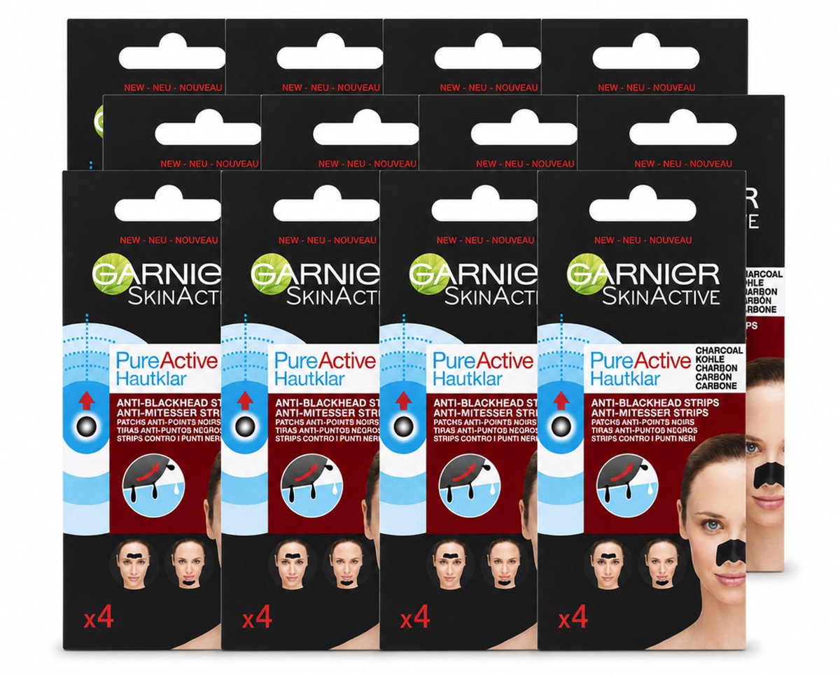 12 x Garnier - Pure Active - Anti-Mee-Eters Strips - Charcoal - Neus, Voorhoofd & Kin - 4 Strips - Voordeelverpakking - 12 stuks