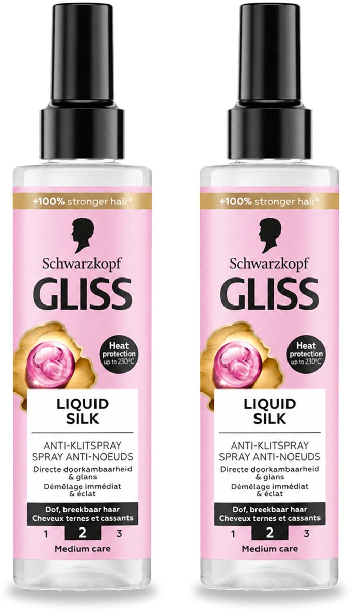 2 x Gliss - Anti-Klit Spray Liquid Silk Gloss voor Glanzend en Klitvrij Haar - 200 ml - Voordeelverpakking - 2 stuks