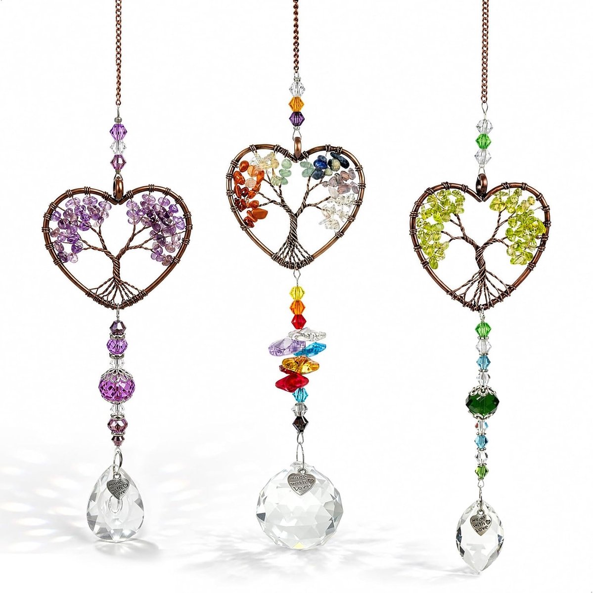 Zonnevanger kristal, levensboom, 3 stuks, zonnevangers om op te hangen, kristallen zonnevanger om op te hangen, prismakristallen voor huis, tuin en auto