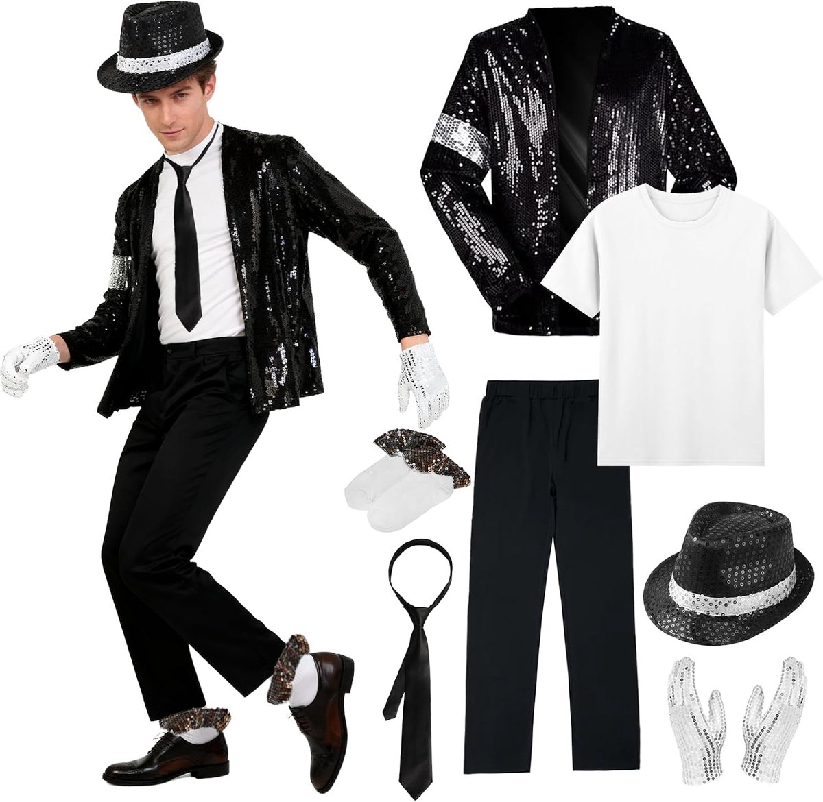 King of Pop kostuum, jaren 80 danseres rocker ster cosplay verkleedkostuum accessoires met jazz pailletten hoed jas top broek handschoenen sok stropdas koning van pop voor Halloween carnaval