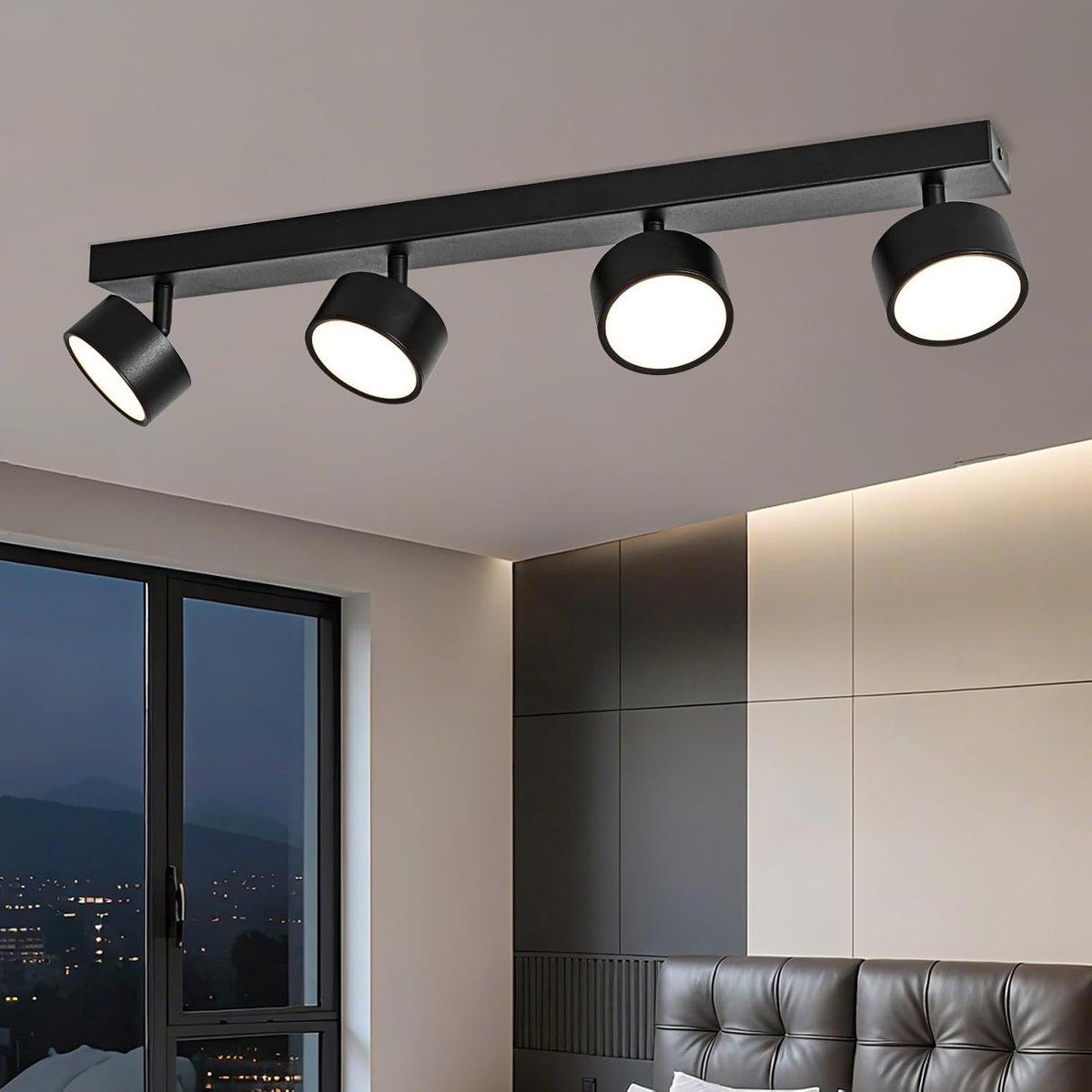Plafondlamp, led-plafondspot, 4 spots, draaibaar, plafondverlichting, zwart, binnenverlichting, 28 W, warmwit, 3000 K, led, wandlamp, voor woonkamer, slaapkamer, keuken, eetkamer, 230 V