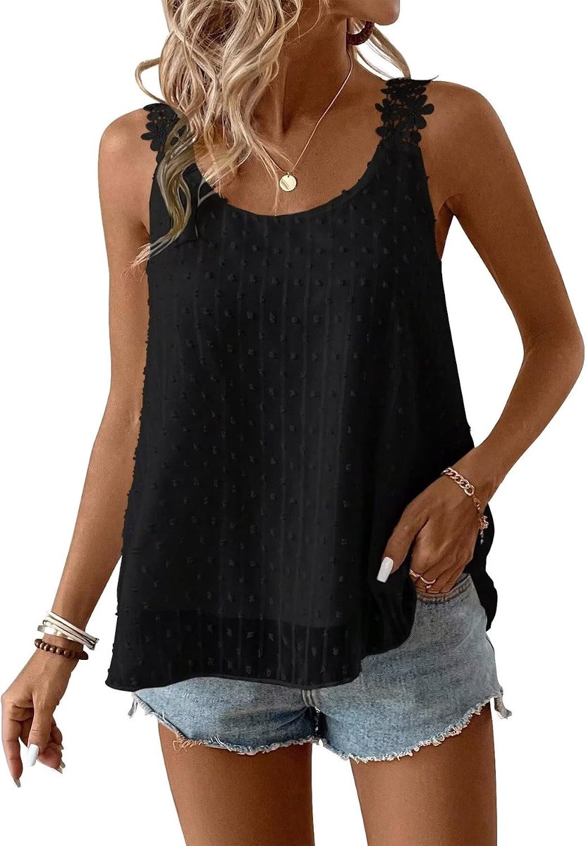 Tanktop voor dames, zomer, boho, blouse, mouwloos, ronde hals, bloemen, elegant, vloeiend, casual, kant, outfits
