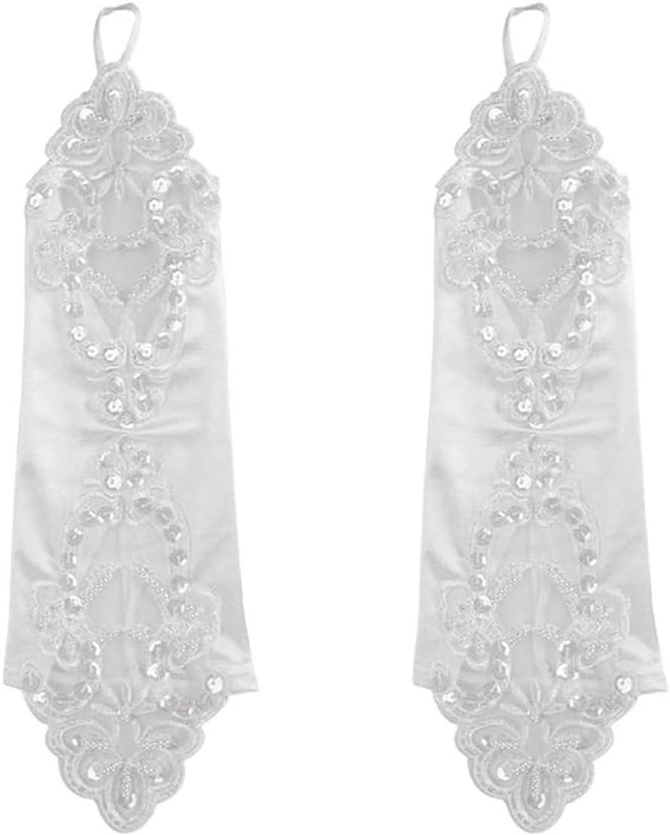 Handschoenen voor bloemenmeisjes met pailletten en kralen. Prinsessenbruiloft communie bruidsmeisjeskostuum in het wit.
