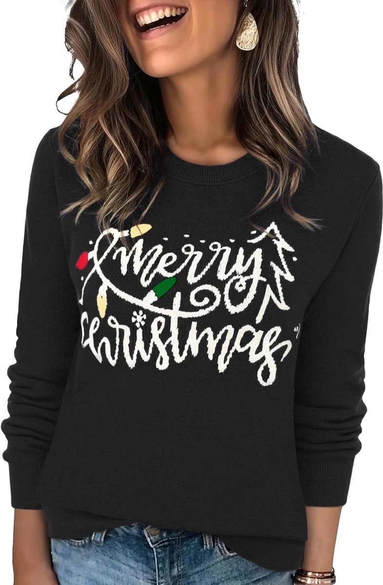 Kersttrui voor dames, Merry Christmas, ronde hals, gebreide kersttrui, lange mouwen, wintertrui, elegante kersttrui, S-3XL