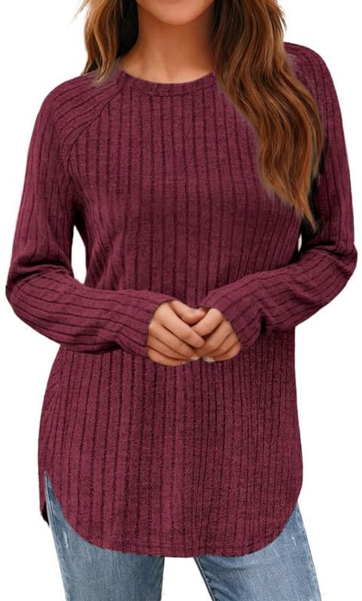 Damestrui met lange mouwen, ronde hals, geribbelde trui, elegant, zacht, elastisch, top, tuniek, casual, lange trui voor leggings, herfst, winter, effen sweatshirt