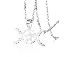 Triple Moon Godin Ketting met Pentagram Amulet - Roestvrij Staal Sieraden
