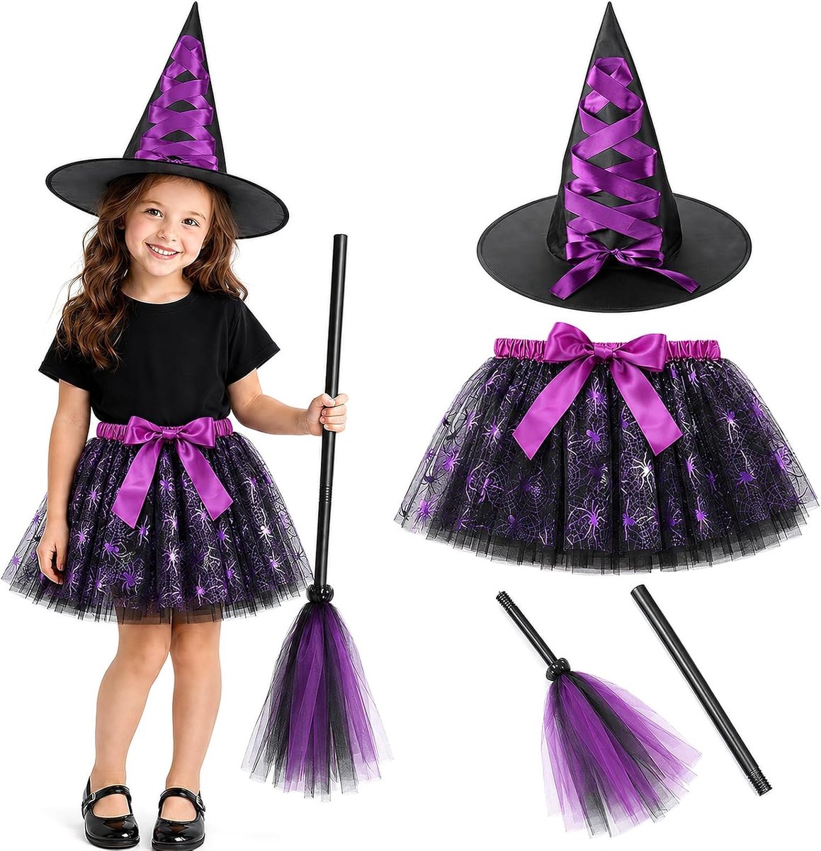 Heksenkostuum voor meisjes, 3-delig Halloween-kostuum voor kinderen, heksenkostuum met tule rok, heksenhoed en bezem voor Halloween, carnaval, rollenspel en themafeest