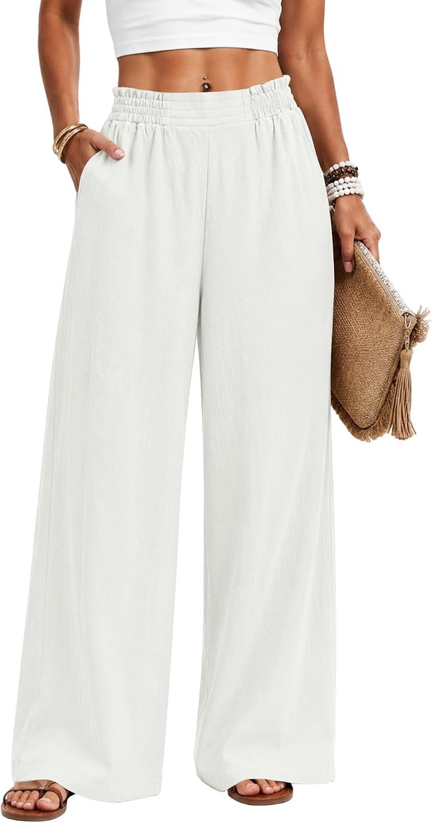IWoo Linnen damesbroek met wijde pijpen voor dames, zomer, casual broek