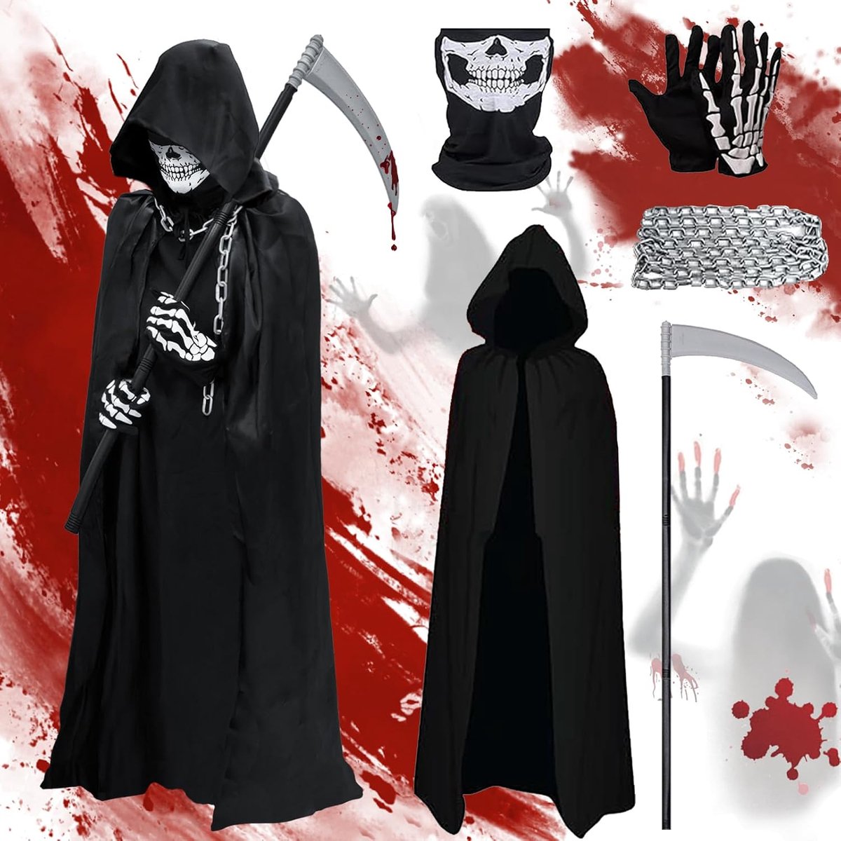 Sensenmann Kostuum voor volwassenen, Halloween-kostuum, 5 stuks, Sensenman-kostuum, cape, sikkel, schedelmasker, schadehandschoenen en ketting, riem voor Halloween, carnaval, party, cosplay