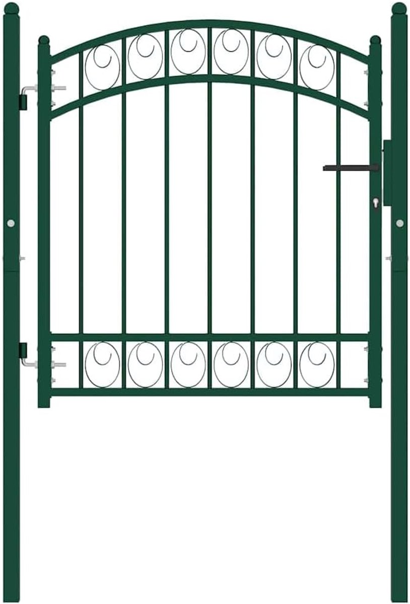 Hekpoort met boogafsluiting, tuinpoort 100 x 86 cm groen, veiligheidsbarrière voor tuin en terras, inclusief twee palen, scharnieren en sluitsysteem met drie sleutels