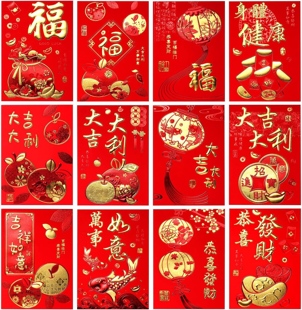 36st Chinese Rode Enveloppen, 12x8cm Nieuwjaars Rode Enveloppen Hong Bao Envelopes Lai See Enveloppen met Klassieke Chinese Patronen en Zegenende Woorden Gelukszakken voor Lentefestival
