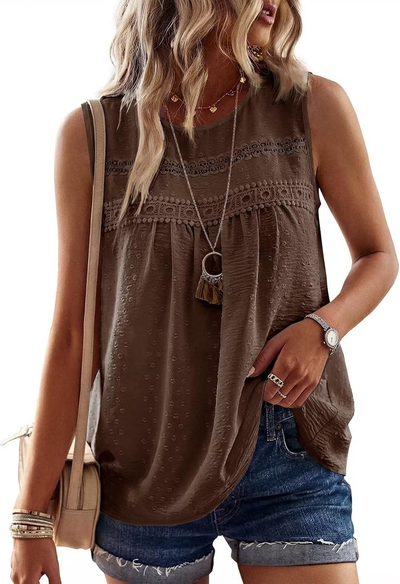 Mouwloze Top met Ronde Hals Boho Stijl Elegante Zomer Tank Top Kant Casual Geplooide Luchtige Losse Tuniek Tops