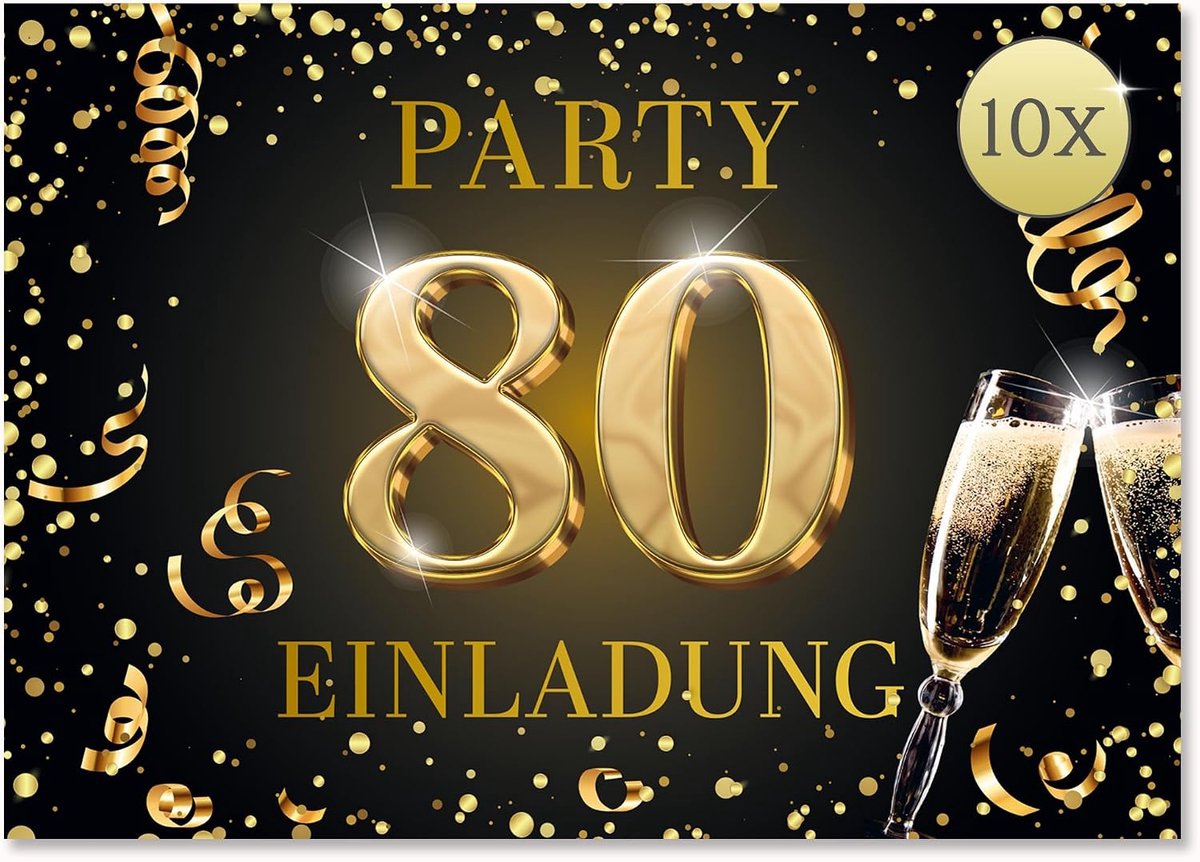 Colibri Uitnodigingskaarten voor 80e verjaardag, 10 stuks, A6-formaat, kaartenset, uitnodiging, om te beschrijven, party, zwart, goud (11182 DE)