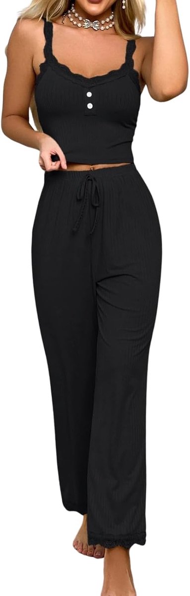 2-delige pyjamaset voor dames, kanten pyjama, buikvrij, cami-top, lange broek, V-hals, nachtkleding, elegant, mouwloos, prikkelend, zacht, loungewear, comfortabel, negligé, elastisch