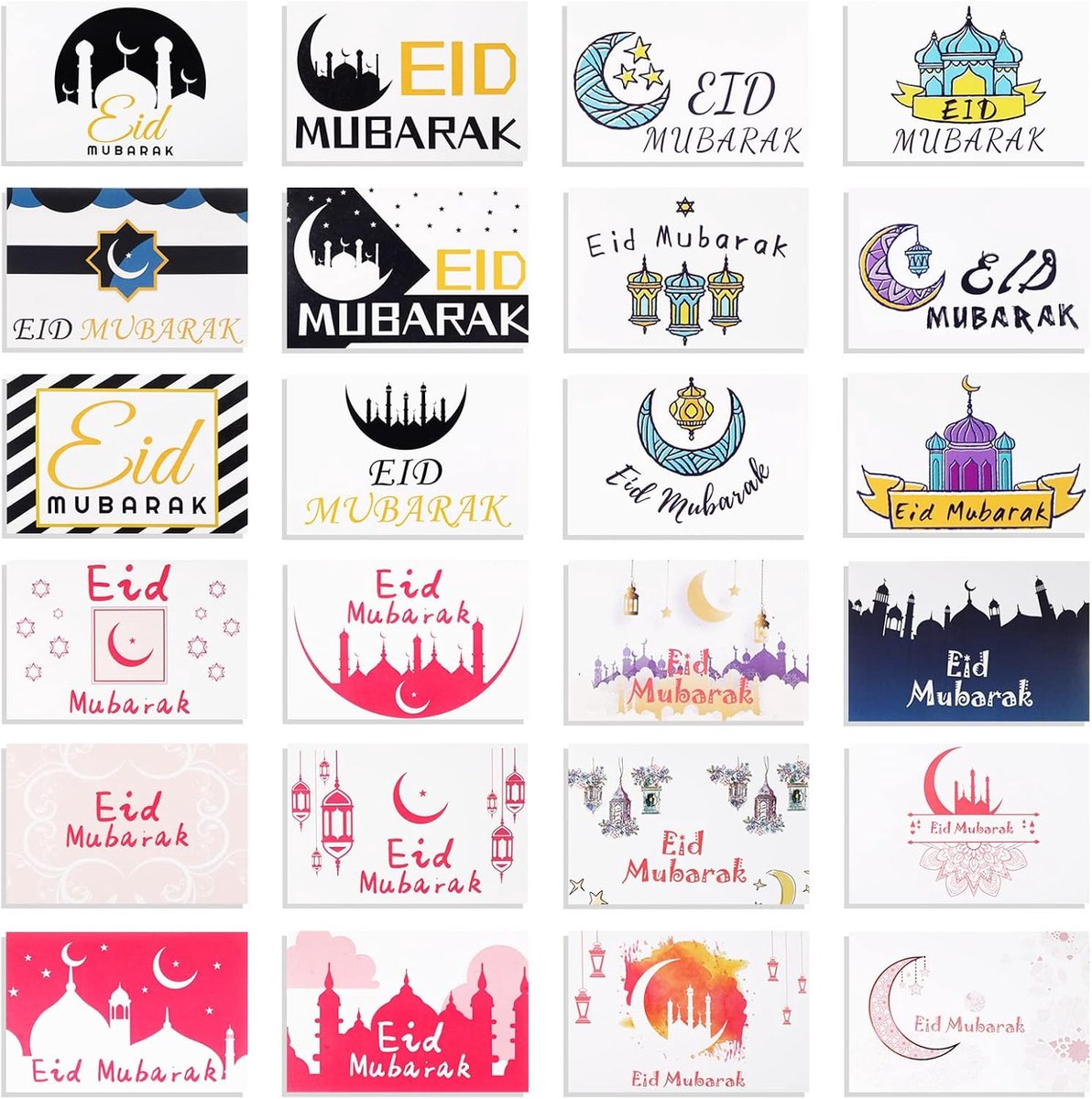 24 verpakkingen Eid Mubarak-kaarten met bijpassende enveloppen en stickers, Ramadan-kaarten, moslimwenskaart, Eid Al-Fitr-kaarten, Eid Al-Adha-kaarten voor islamitische feestdecoraties