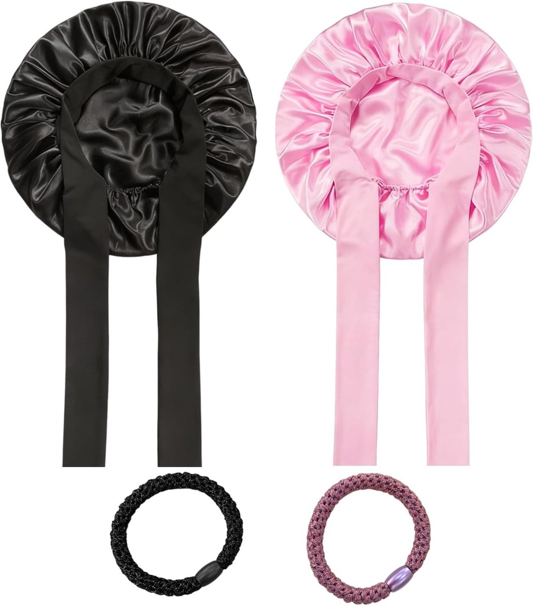 Slaapmutsen, set van 2 satijnen haarelastiekjes, verstelbare zijden kap, ademende nachtslaapmuts voor dames en meisjes (zwart, roze)