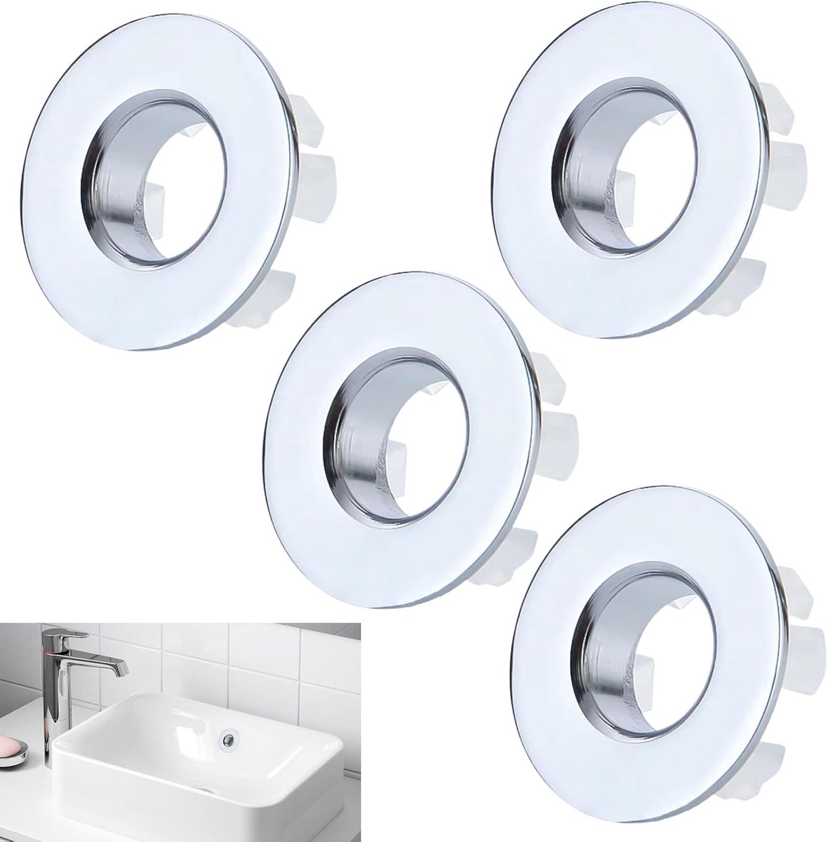 4 stuks wastafeloverloopring, overloopafdekking, wastafel, corrosiebestendig, overloopstop, wastafeloverloopafdekking, geschikt voor aardgaten met Ø 22-24 mm, zilver (kopermateriaal)