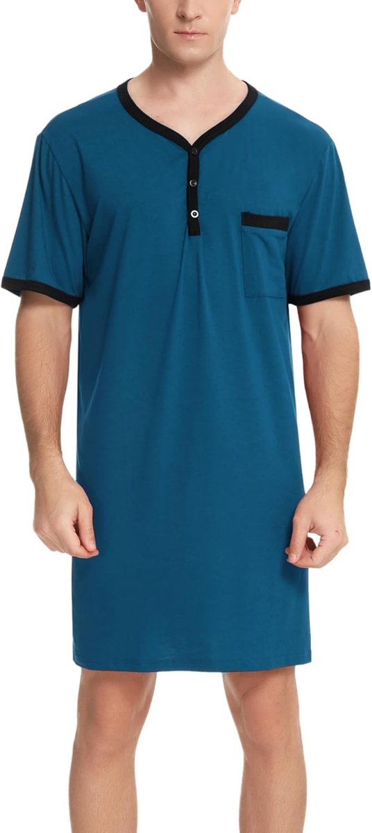 Nachthemd voor heren, katoenen pyjama met lange mouwen, korte mouwen, pyjama-bovenstuk, lang T-shirt, ronde hals met knopen, huiskleding, grote maat, zacht, comfortabel