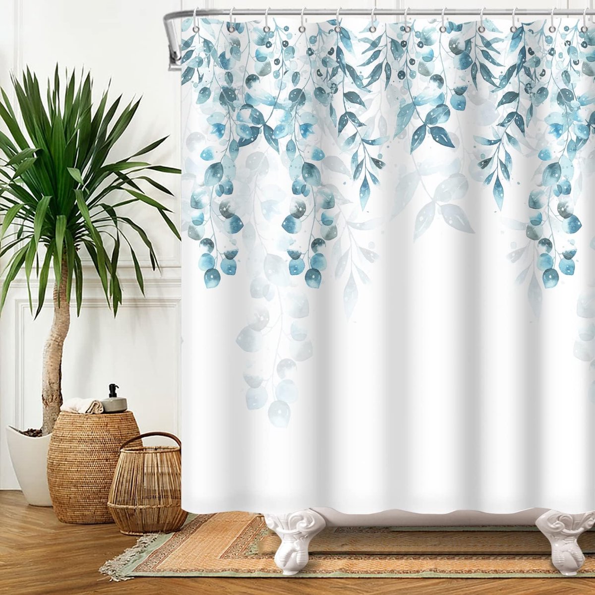 90 x 183 cm Teal Groene Bladeren Douchegordijn Eucalyptus Blad Natuurlijke Plantentak Badkamer Gordijn Wit Badkuip Gordijn voor Kinderen Badkamerdecoratie Stof Polyester Waterdicht met Haken