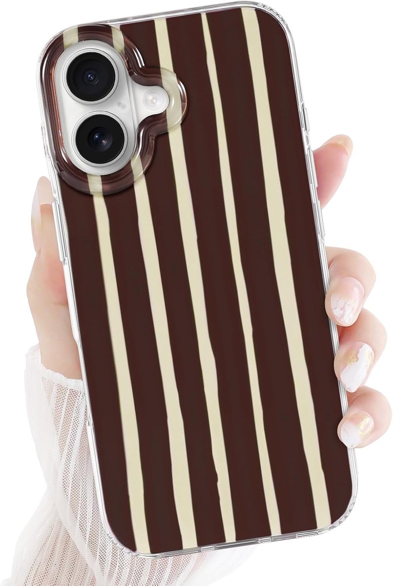 Beschermhoes voor iPhone 17, esthetisch gestreept patroon, mooi design, schokbestendig, harde beschermhoes voor dames en meisjes, geschikt voor iPhone 17, bruin