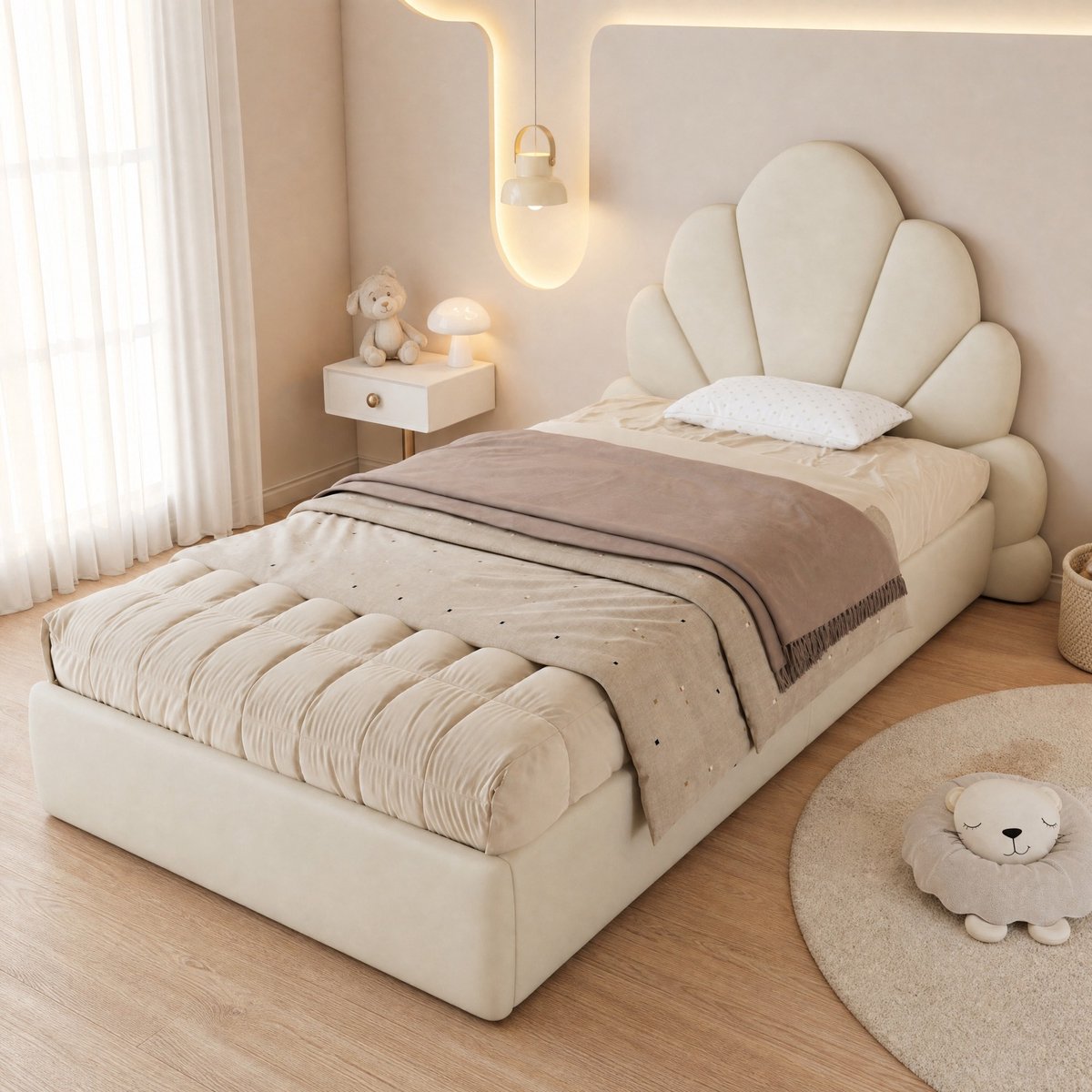 MEUNIQ Eenpersoonsbed 90 x 200 cm met gebogen bloemvormig hoofdbord, lattenbodem en zijtafels voor kinder- of jeugdkamer, beige stoffen bedframe