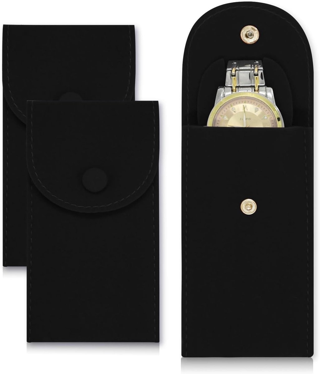 2 Stuks Velvet Horloge Opbergzak, Inclusief Horloge Kussen voor Dames en Heren, Draagbare Reiszak voor Horloges, Luxe Cadeauverpakking met Drukknop (Zwart)