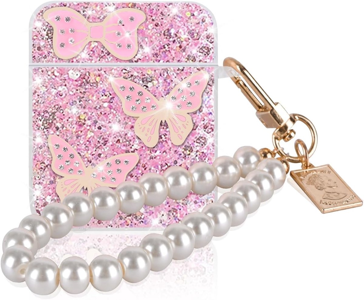 Glitterende Sequin Hoes voor AirPods 1 en 2 met Parelsleutelhanger, Schokbestendig en Antislip, Beschermende TPU Case met Vlinderpatroon voor Vrouwen in Roze