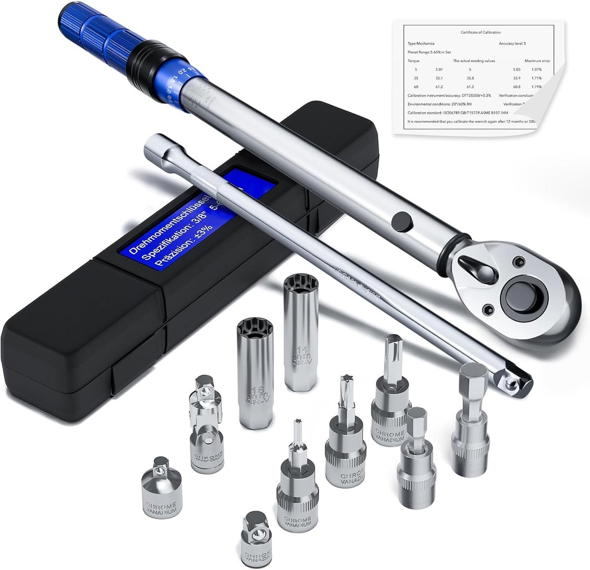 Digitale momentsleutel - Blauw - 5-60 Nm - 13-delige set met adapters en verlengstuk - Voor fietsen en bougies
