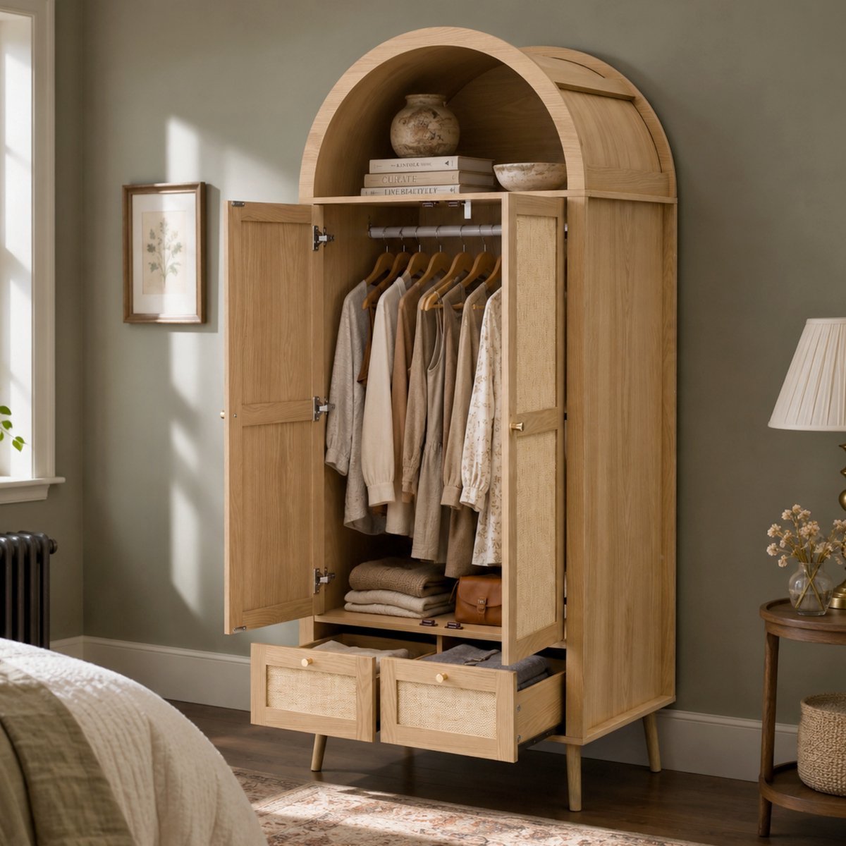 Zubaliya Kledingkast met 2 Deuren en 2 Lades, 180 cm hoog, Eikenhoutnerf gecombineerd met beige Rotanstructuur, Boogvorm, Kledingroede en open opbergplank, Eiken + Beige tinten Oak