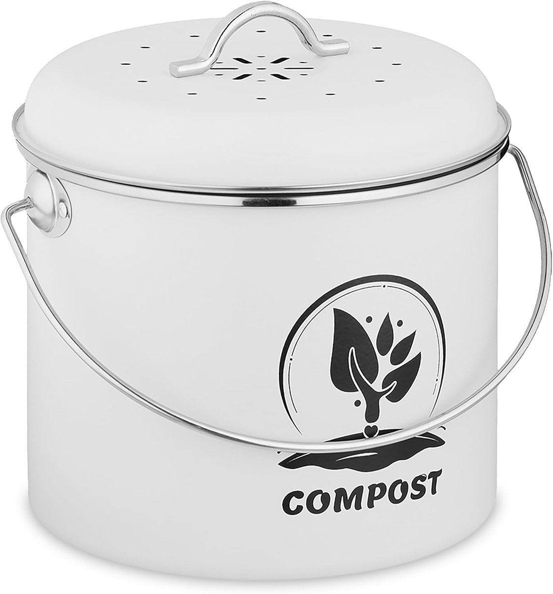 Compostemmer met deksel en koolstoffilters, 3,5 liter, ijzer, wit met zwarte opdruk, 20 x 22 x 19 cm