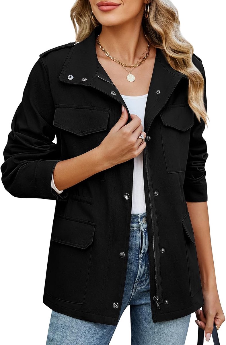 Militaire jas voor dames, katoen, licht, lente, herfst, overgangsjas, casual, hoge taille, trekkoord, parka met zakken (blauw, XXL)
