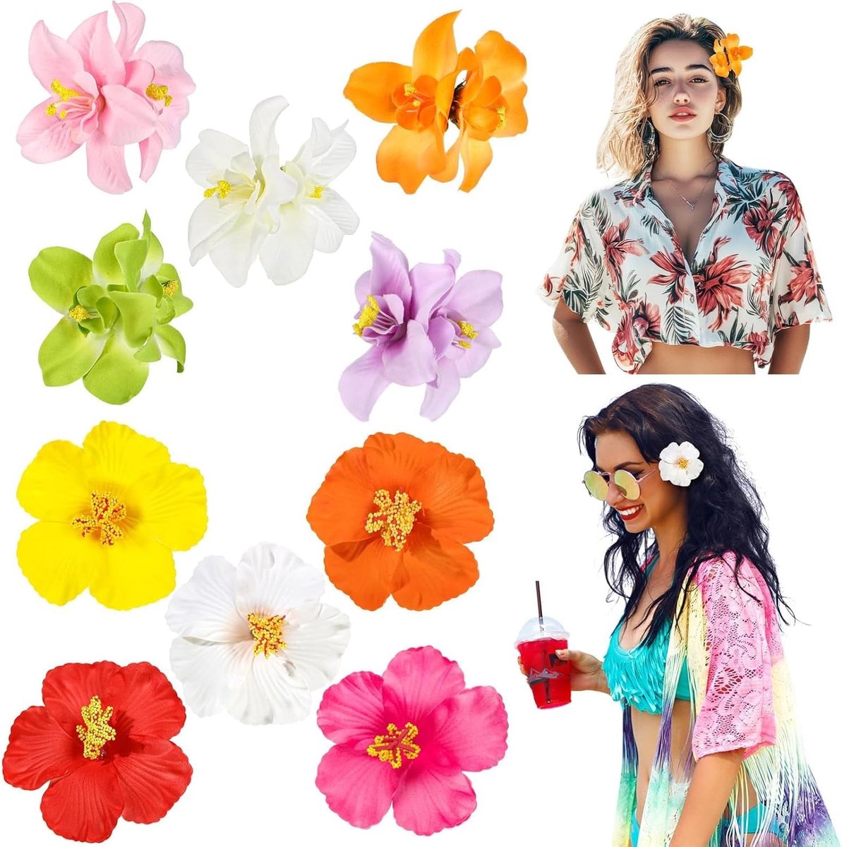 10 stuks Hawaïaanse bloemen haarclips, met orchideeën, kunstorchideeën, haarklemmen voor dames en meisjes, kindersieraden, vrouwen party styling naalden, kunstbloemen