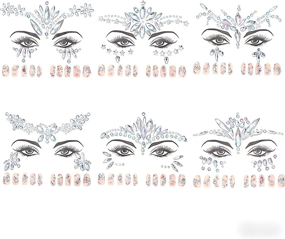 Gezicht Festival, 6 Stuks Tatoeages Tijdelijke Edelstenen-gezicht Over Strass Tatuaje Van Edelstenen Van Kristal Glitter Plakjes Voor Carnaval