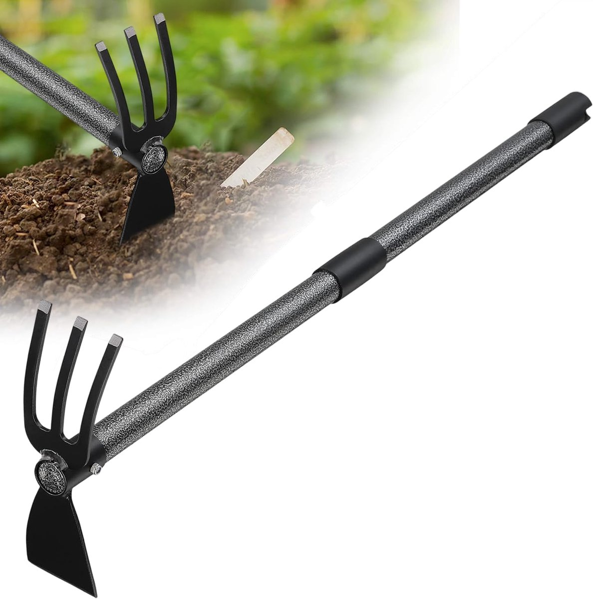 152 cm 2-in-1 hack tuingereedschap met 3-tandige lange verstelbare greep, multifunctionele hack tuingereedschap voor tuinieren, onkruid wieden, planten, losmaken van de grond