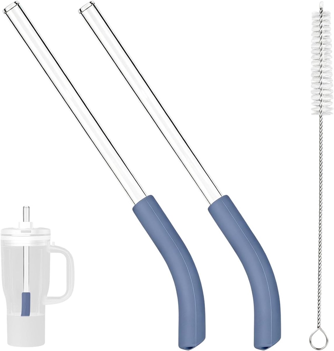 2 Herbruikbare Vervangende Rietjes voor Ninja Blendboss Reisbeker, Siliconen Glazen Rietjes met Schoonmaakborstel Reisbekeraccessoires Thuis Reis Woon-Werkverkeer (Donkerblauw, Transparant)
