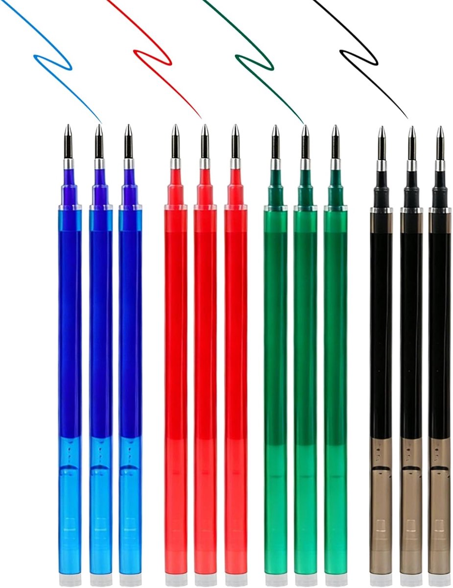 Vullingen set van 12 - 4 kleuren (blauw, zwart, groen, rood) - 0,7 mm - compatibel met uitwisbare gelpennen - warmtegevoelige inkt - voor school, kantoor