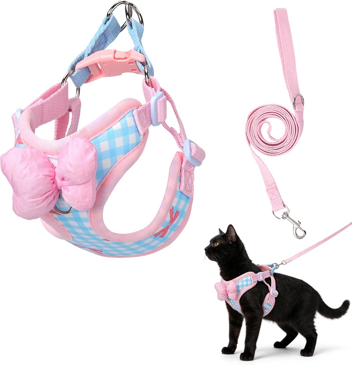 Kattenharnas en riem set - Zacht ademend mesh verstelbaar ontsnappingsbestendig kattenharnas met dubbele D-ringen, 1,5 m riem, roze vlinderdas decor - mooie veilige outdoor wandeluitrusting