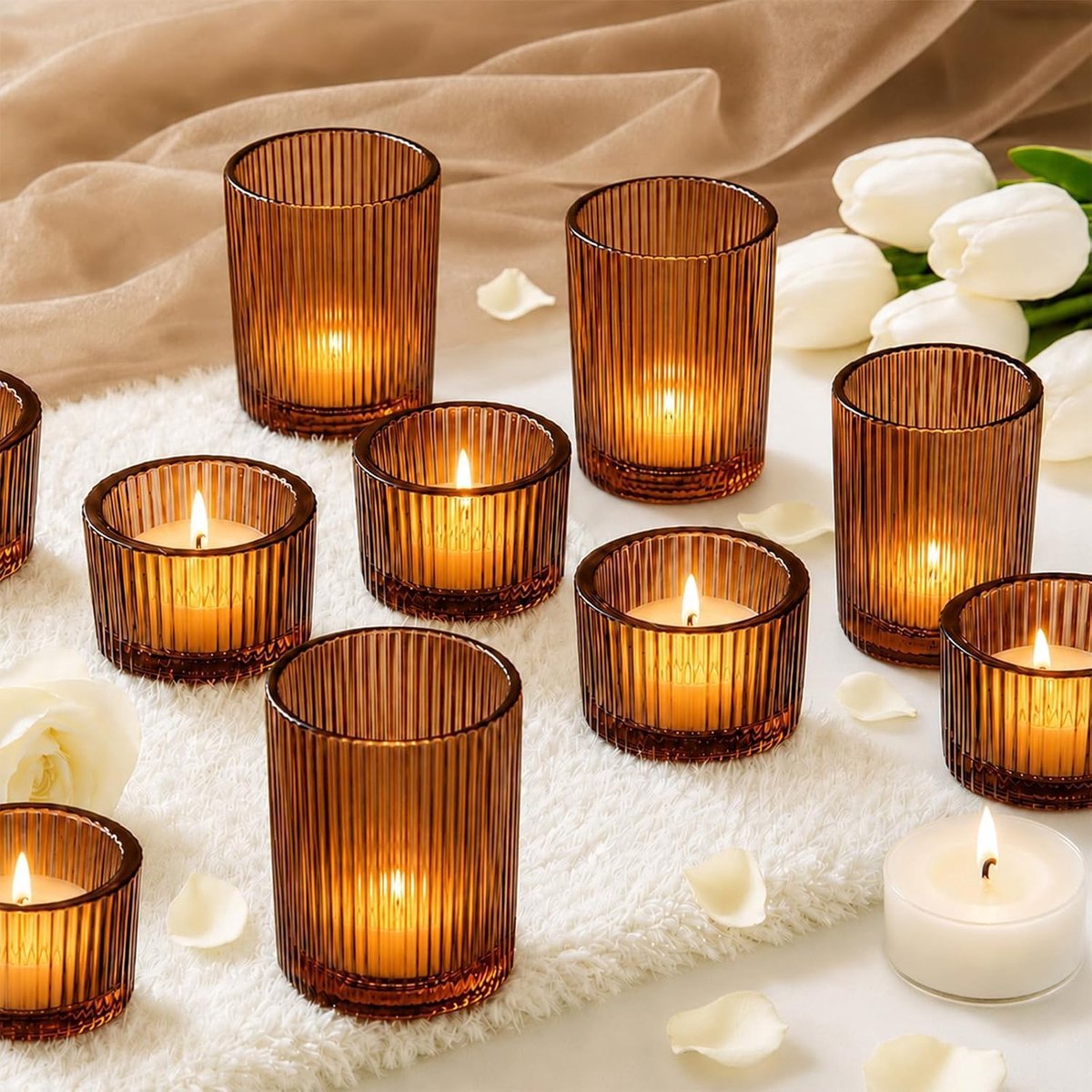 24 stuks bruine theelichtkaarsenhouders geribbeld glas theelichthouders decoratieve votief set voor tafel middenstuk, huisdecoratie, bruiloft, Kerstmis, verjaardagsfeestje