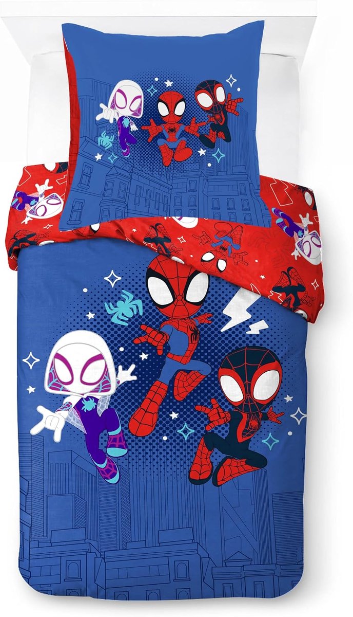 Franco Kids Marvel Spidey en ongelooflijke vrienden, beddengoedset, zacht, 100% katoen, met kussensloop, officieel gelicentieerd product, blauw, 2-delig voor eenpersoonsbed