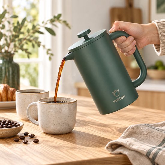 Hand die donkergroene Vatten French Press leegschenkt in twee mokken, koffiebonen en croissant ernaast.