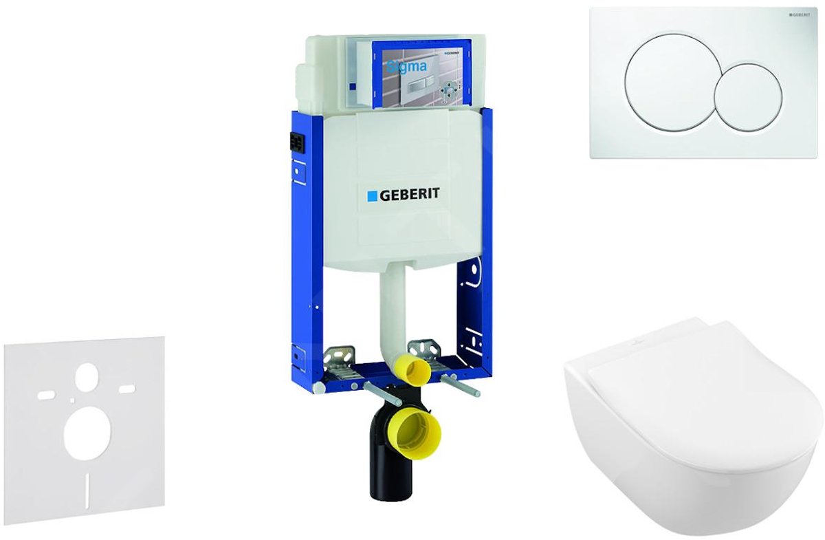 Toiletset met Sigma01 bedieningsplaat, alpine wit + Villeroy Boch hangend toilet en wc bril, SoftClose, DirectFlush, CeramicPlus