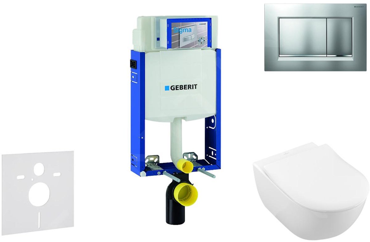 Toiletset met Sigma30 bedieningsplaat, mat chroom/chroom + Villeroy Boch hangend toilet en wc bril, SoftClose, DirectFlush, CeramicPlus